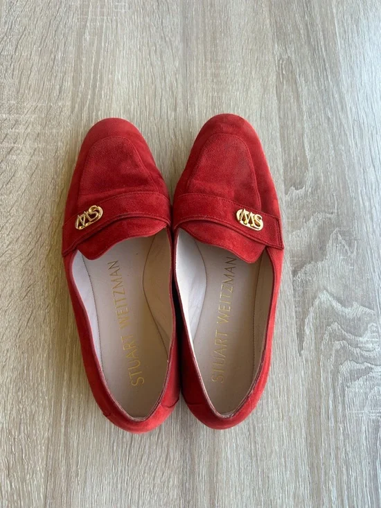 Stuart Weitzman Red Suede Loafers with Gold SW Emblem - Picture 2 of 8